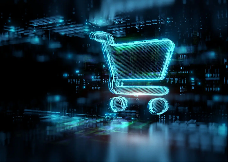 Holographic shopping cart over digital background