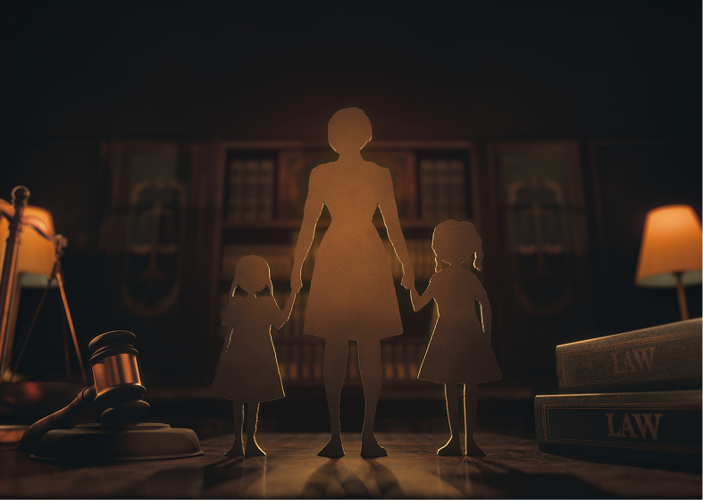 Paper cutout family with gavel nearby